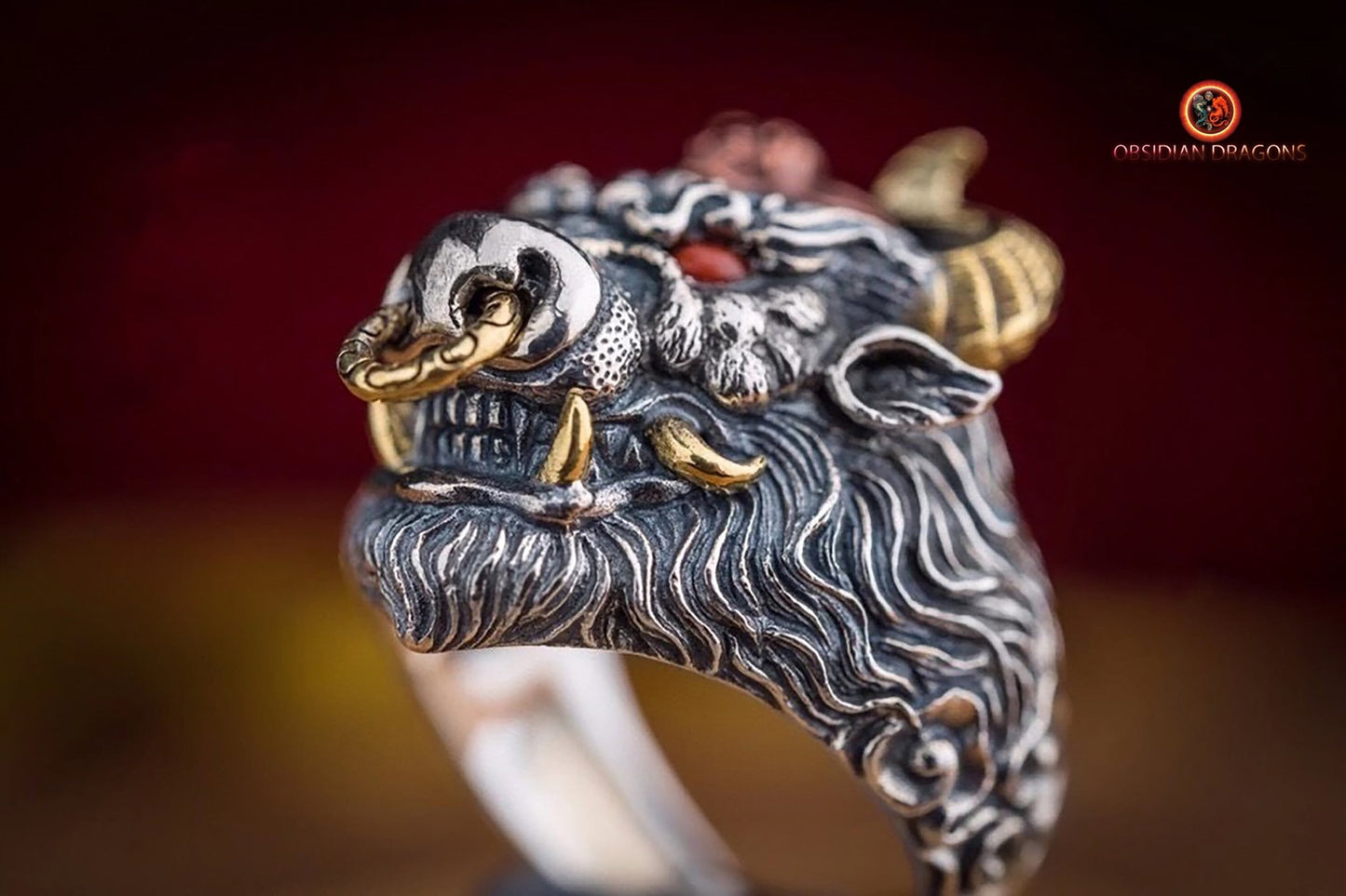 Bague, chevalière taureau, crâne, tete de mort. Argent 925, style Biker,Taille réglable. - obsidian dragon