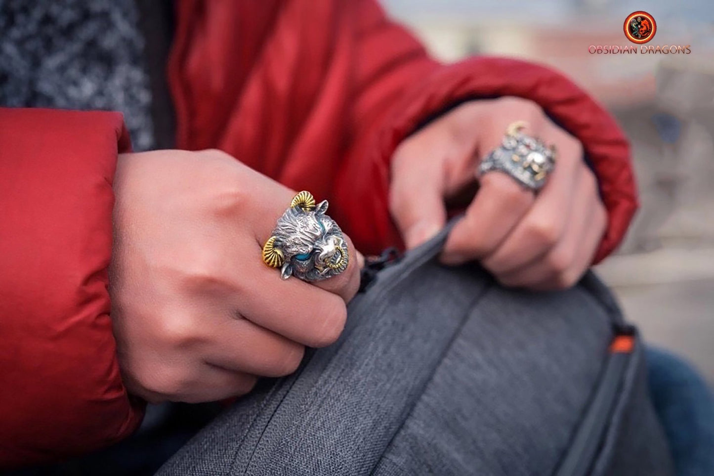 Bague, chevalière taureau. Argent 925, style Biker,Taille réglable. - obsidian dragon