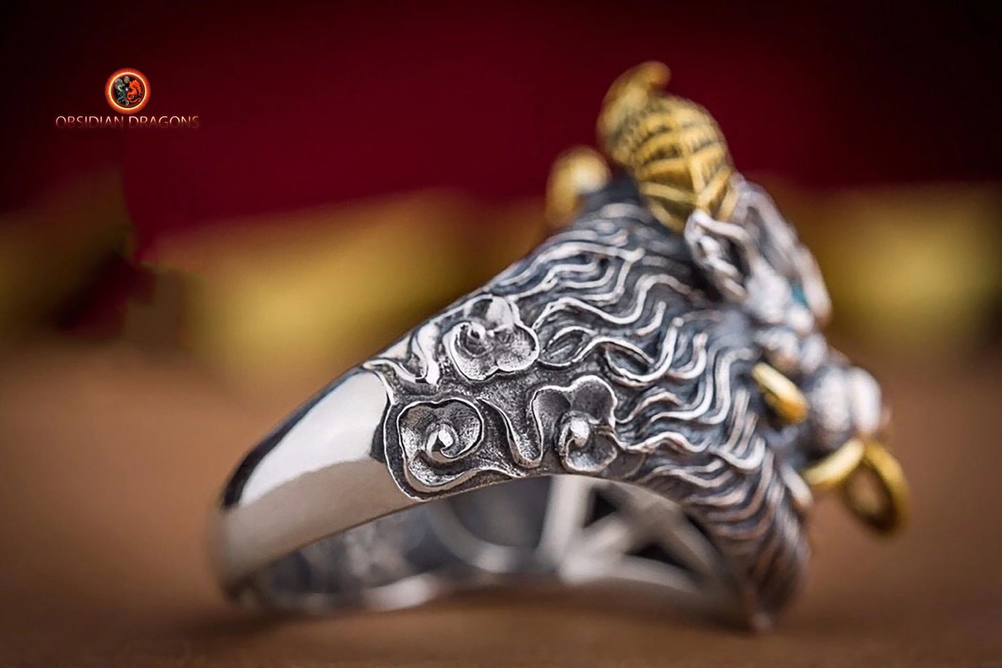 Bague, chevalière taureau, crâne, tete de mort. Argent 925, style Biker,Taille réglable. - obsidian dragon