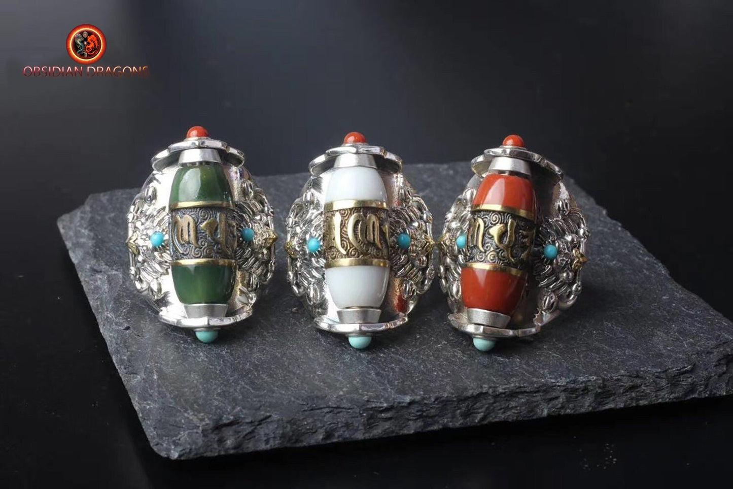 Bague mantra tibétain moulin à prière. Mantra de la compassion. Jade vert, blanc ou agate - obsidian dragon