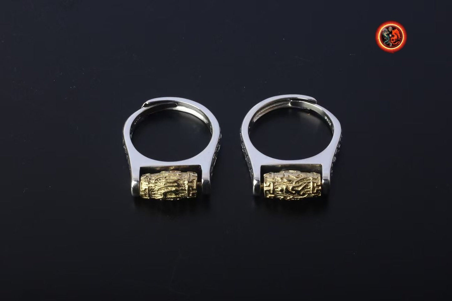 Bague bouddhiste tibétaine. Moulin a priere tournant mantra de la compassion "om mani padme hum". Argent 925 poinçonné, laiton. Homme/ Femme - obsidian dragon