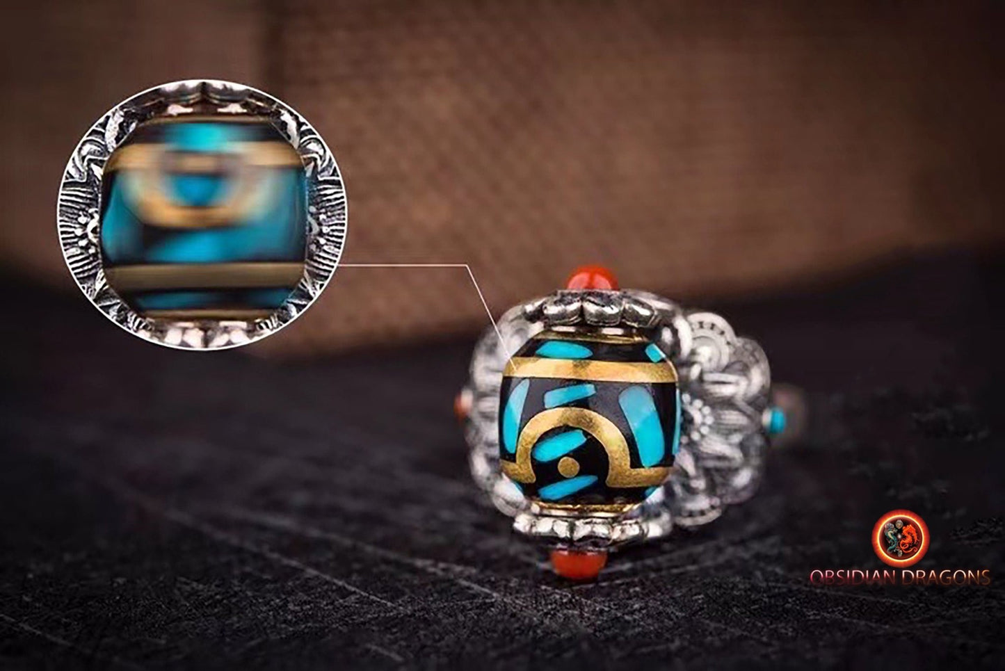 Bague DZI à deux yeux- protection tibétaine