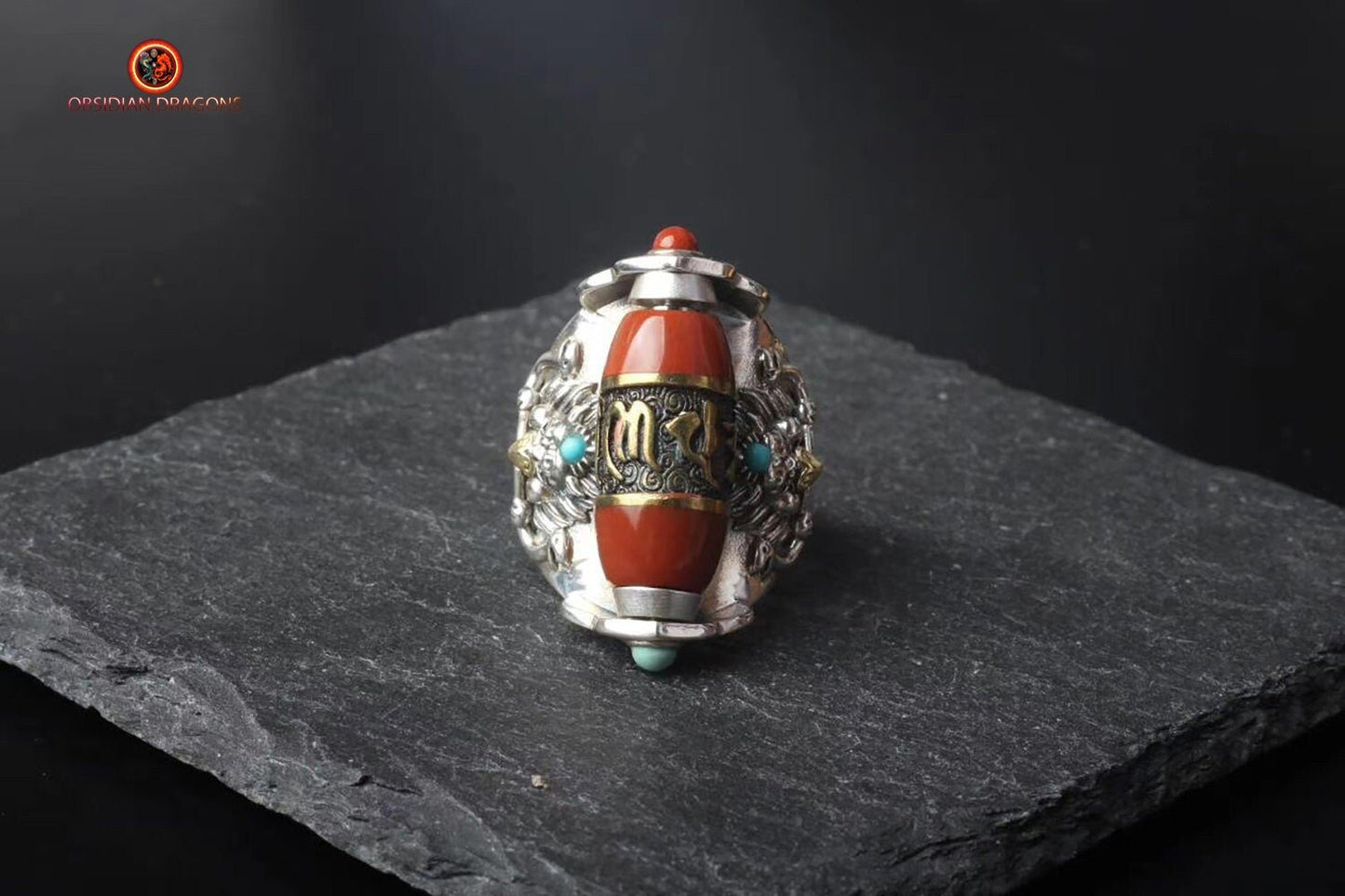 Bague mantra tibétain moulin à prière. Mantra de la compassion. Jade vert, blanc ou agate - obsidian dragon
