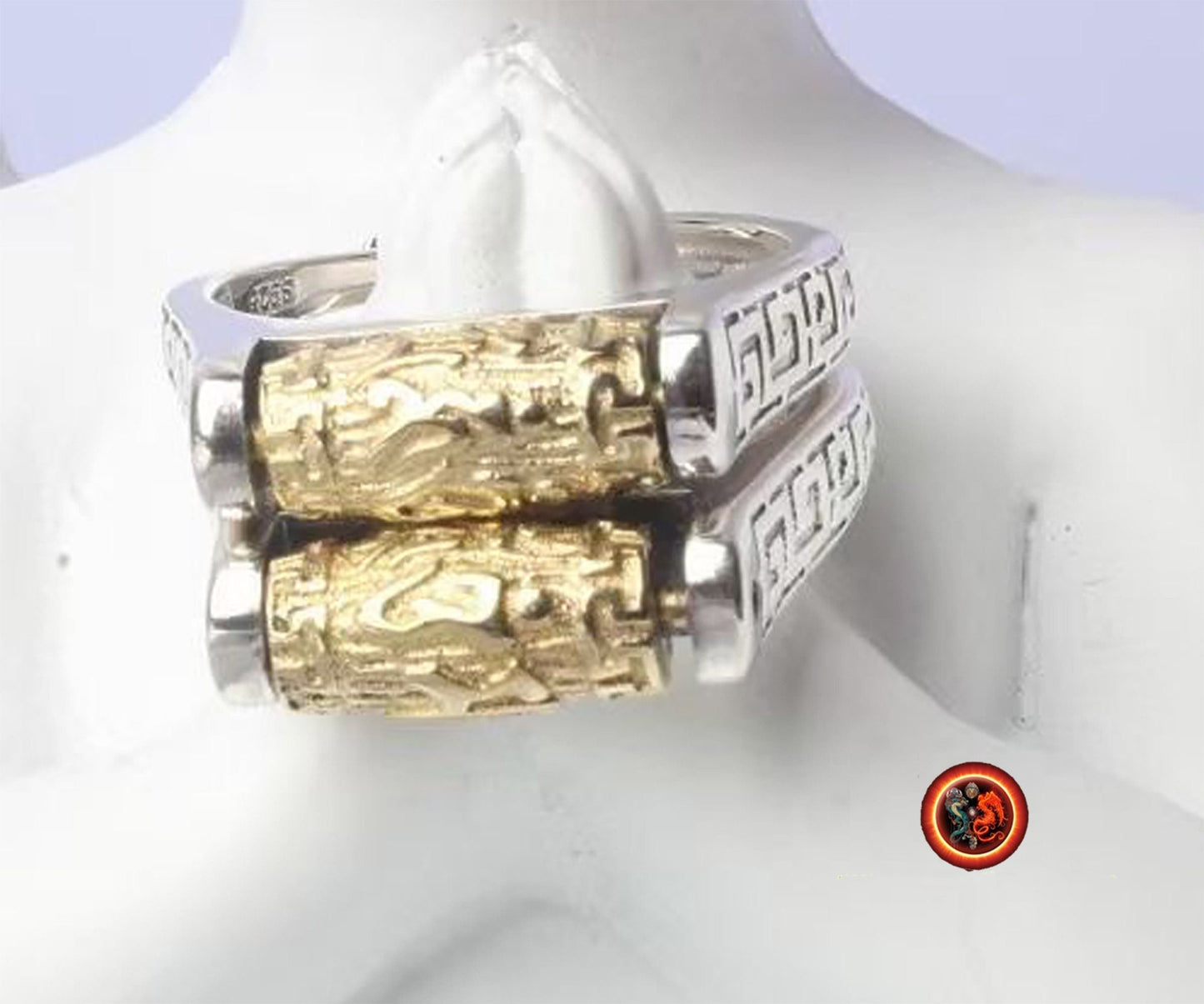 Bague bouddhiste tibétaine. Moulin a priere tournant mantra de la compassion "om mani padme hum". Argent 925 poinçonné, laiton. Homme/ Femme - obsidian dragon