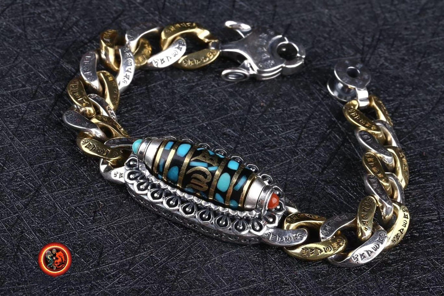 Bracelet dragon tibétain, mantra de la compassion, DZI tournant, argent 925, cuivre, Dragon Pixiu turquoise d'Arizona, agate dite nan hong (rouge du sud) - obsidian dragon