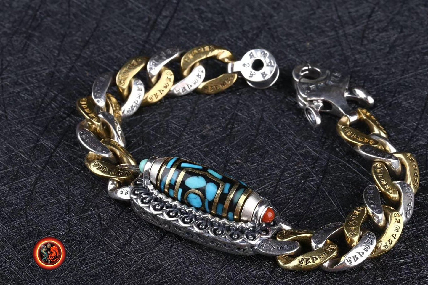 Bracelet dragon tibétain, mantra de la compassion, DZI tournant, argent 925, cuivre, Dragon Pixiu turquoise d'Arizona, agate dite nan hong (rouge du sud) - obsidian dragon