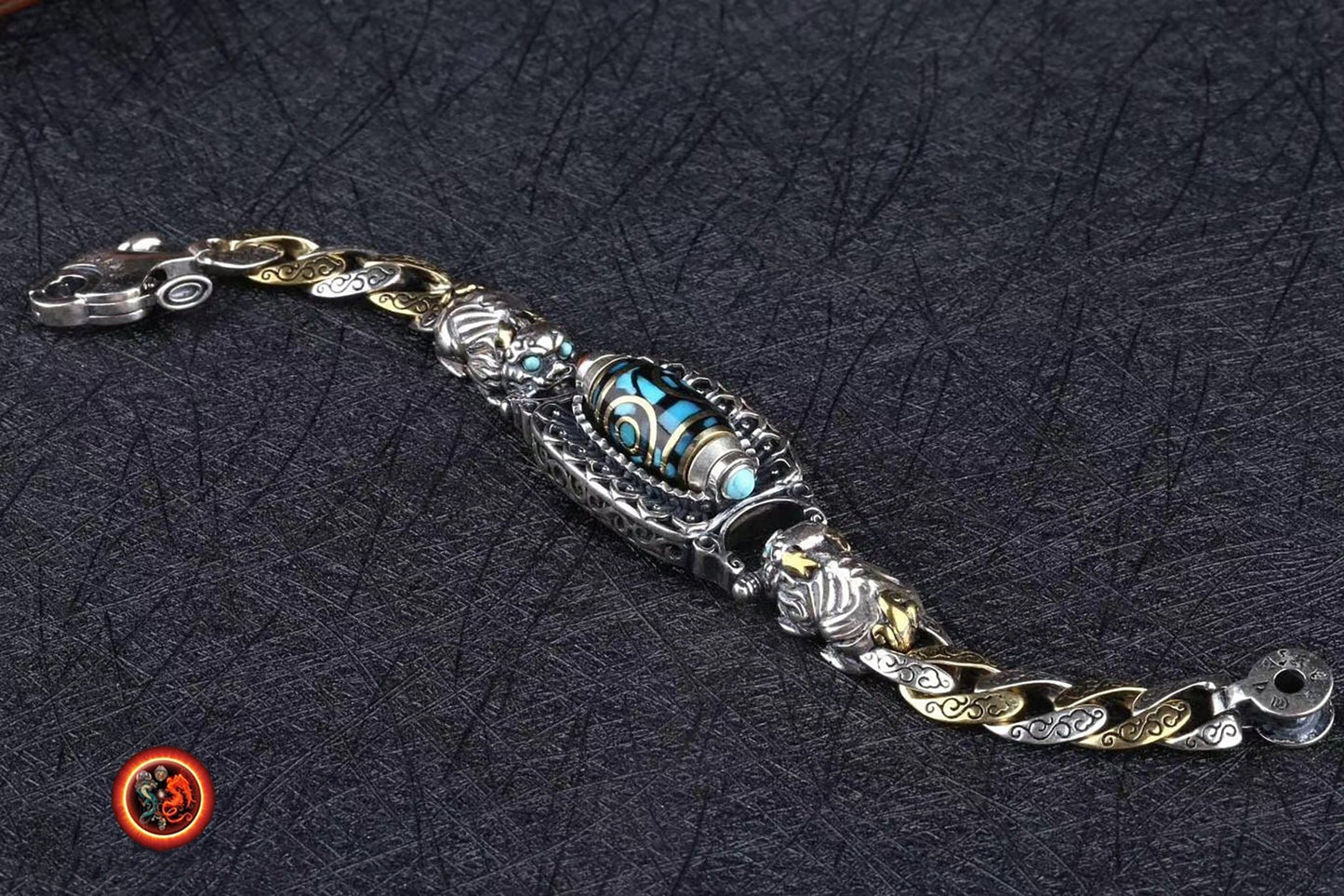 Bracelet dragon tibétain, mantra de la compassion, DZI tournant, argent 925, cuivre, Dragon Pixiu turquoise d'Arizona, agate dite nan hong (rouge du sud) - obsidian dragon