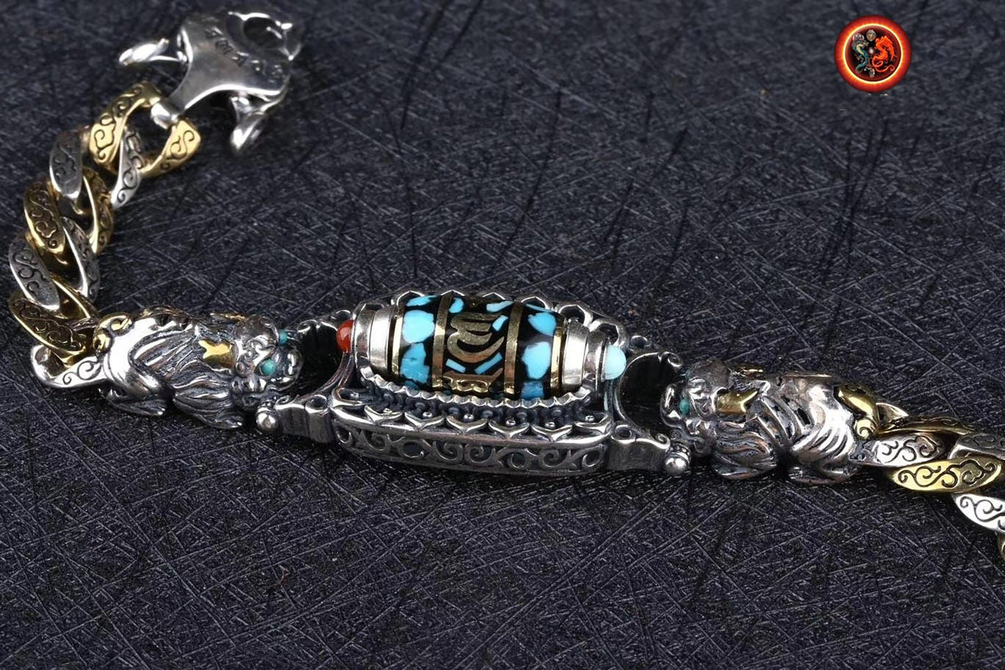 Bracelet dragon tibétain, mantra de la compassion, DZI tournant, argent 925, cuivre, Dragon Pixiu turquoise d'Arizona, agate dite nan hong (rouge du sud) - obsidian dragon