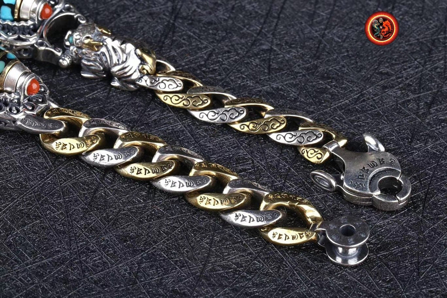 Bracelet dragon tibétain, mantra de la compassion, DZI tournant, argent 925, cuivre, Dragon Pixiu turquoise d'Arizona, agate dite nan hong (rouge du sud) - obsidian dragon