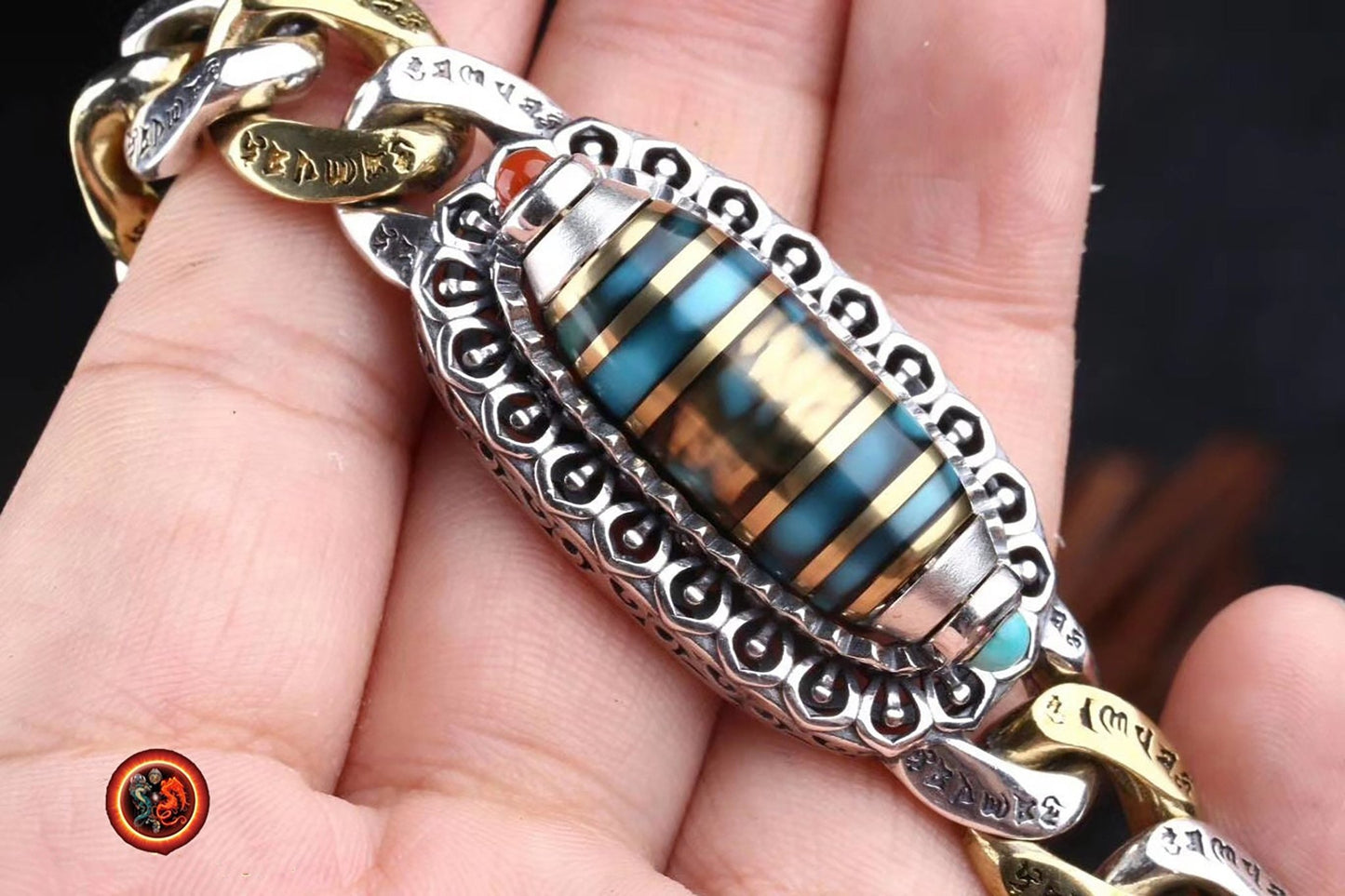 Bracelet dragon tibétain, mantra de la compassion, DZI tournant, argent 925, cuivre, Dragon Pixiu turquoise d'Arizona, agate dite nan hong (rouge du sud) - obsidian dragon