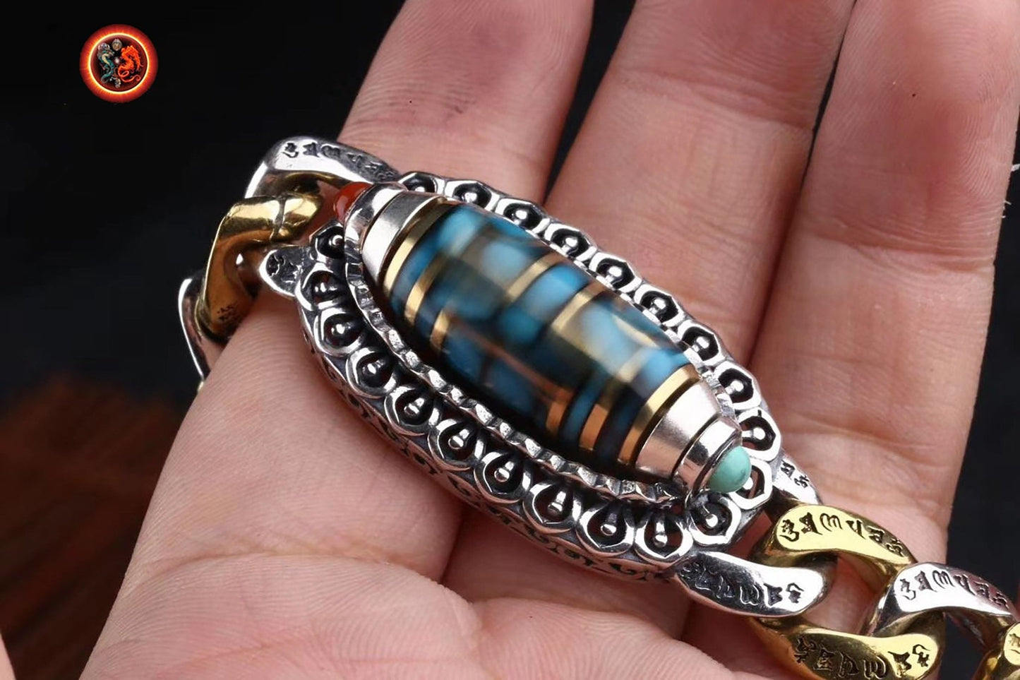Bracelet dragon tibétain, mantra de la compassion, DZI tournant, argent 925, cuivre, Dragon Pixiu turquoise d'Arizona, agate dite nan hong (rouge du sud) - obsidian dragon
