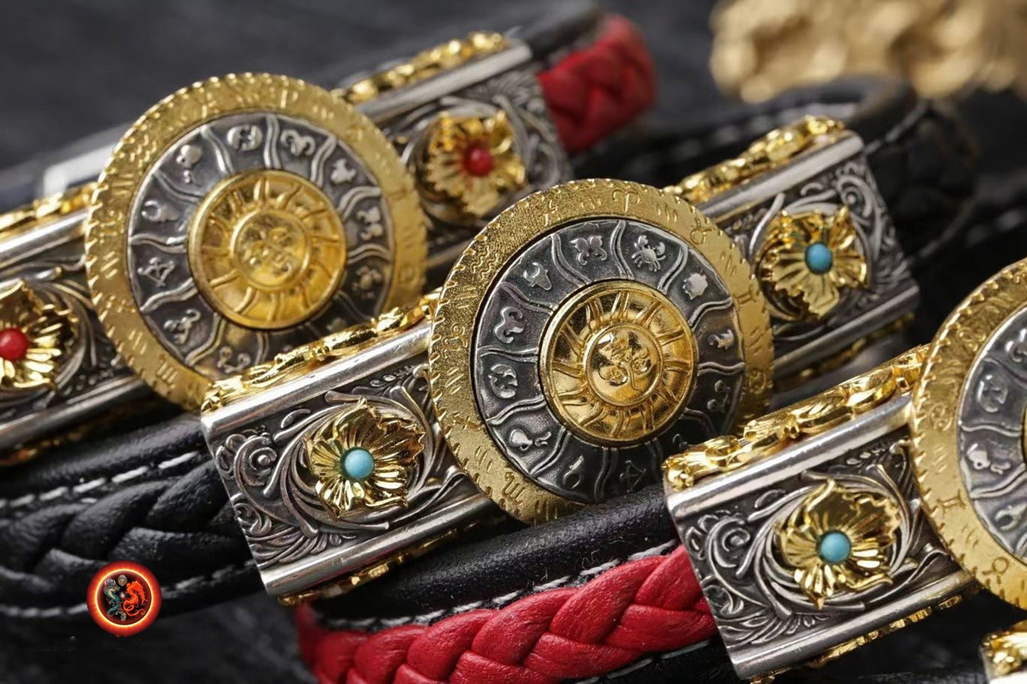 Bracelet, signe du zodiaque, astrologie. argent 925, cuivre, agate nan hong ou turquoise. Bracelet en cuir noir ou rouge. Zodiaque tournant. - obsidian dragon