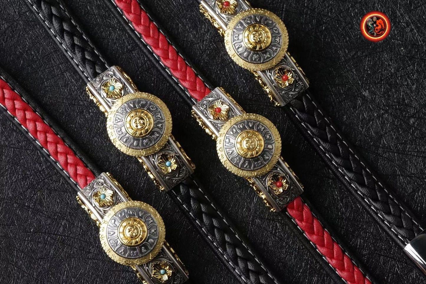 Bracelet, signe du zodiaque, astrologie. argent 925, cuivre, agate nan hong ou turquoise. Bracelet en cuir noir ou rouge. Zodiaque tournant. - obsidian dragon