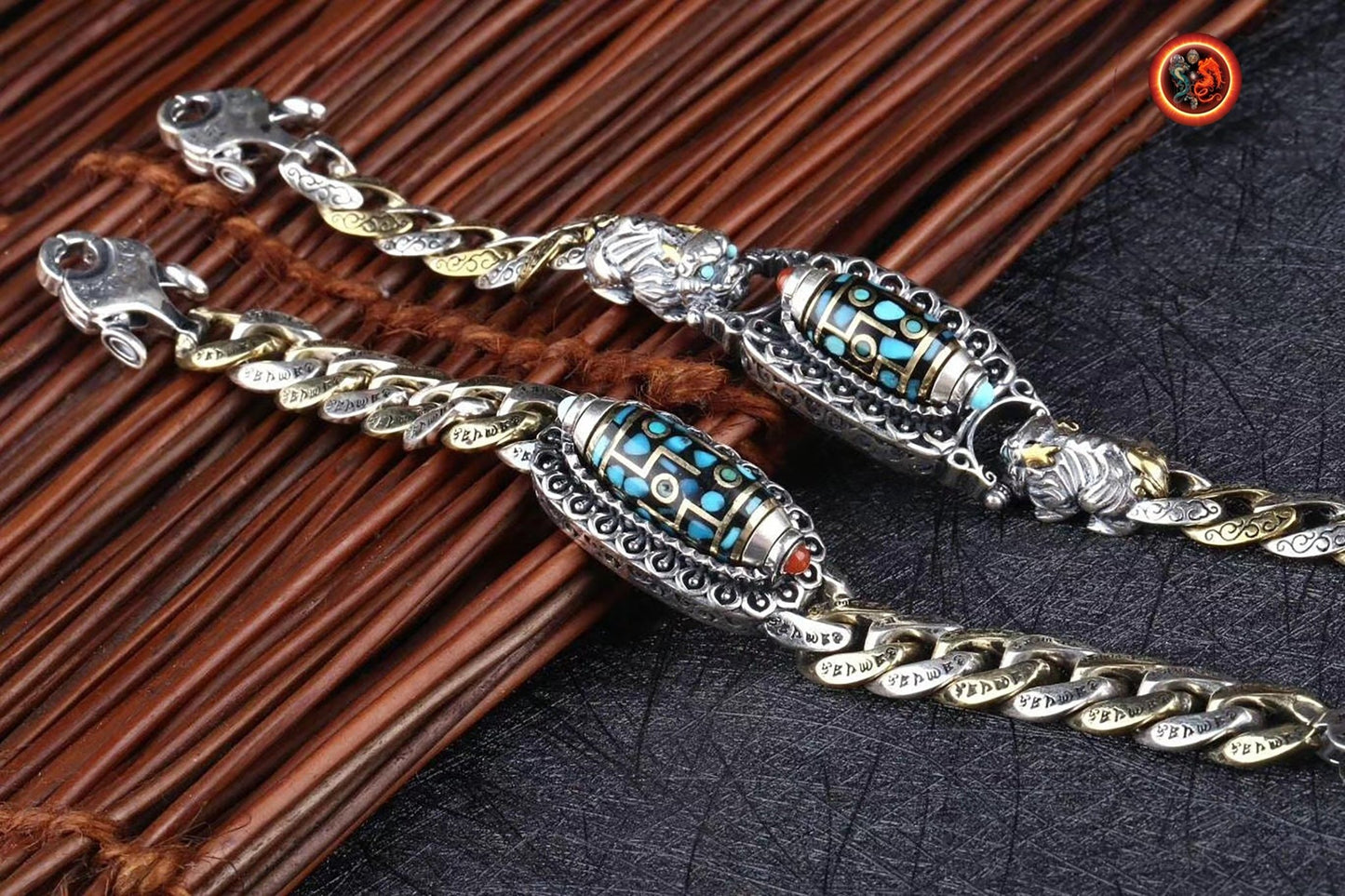 Bracelet agate sacrée tibétaine, DZI tournant, argent 925, cuivre, Dragon Pixiu turquoise d'Arizona, agate dite nan hong (rouge du sud) - obsidian dragon