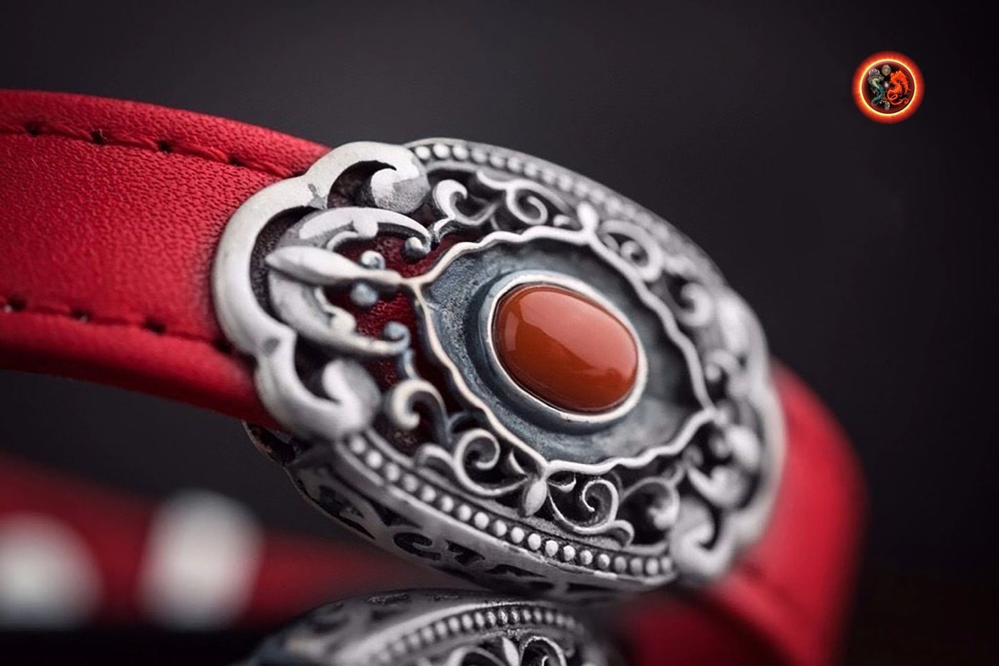 Bracelet de bénédiction double bonheur. motifs de deux chauves souris. Cuir, argent 925, agate dite nan hong . bracelet reglable. - obsidian dragon