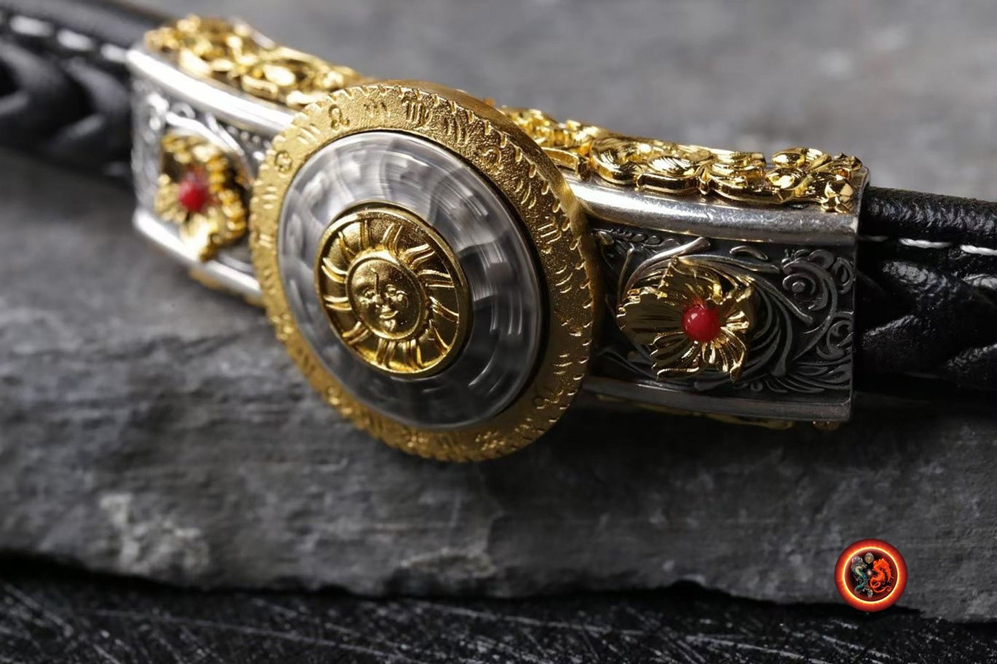 Bracelet, signe du zodiaque, astrologie. argent 925, cuivre, agate nan hong ou turquoise. Bracelet en cuir noir ou rouge. Zodiaque tournant. - obsidian dragon