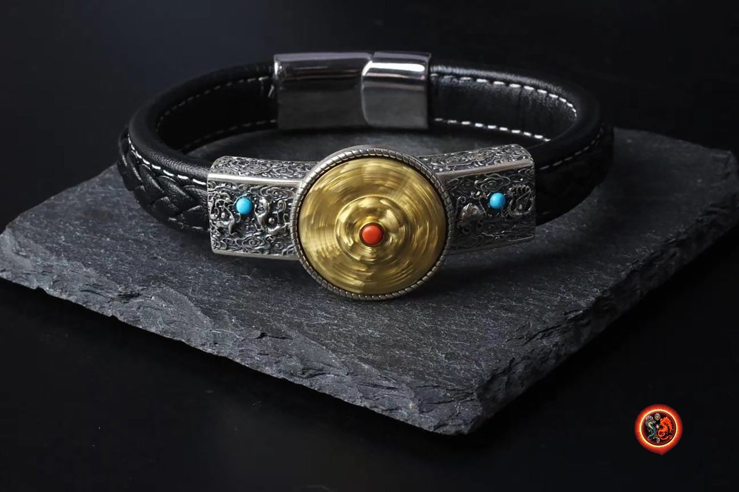 bracelet de protection bouddhiste, 8 signes auspicieux du bouddhisme. Feng shui. Argent 925,cuivre, cuir tressé, turquoise agate nan hong - obsidian dragon