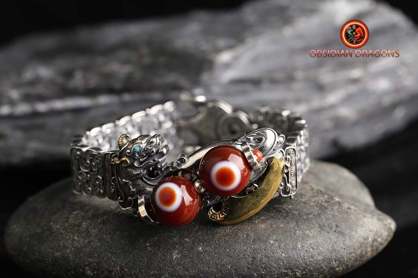 bracelet Feng Shui protection dragon Pixiu. Agate sacrée tibétaine "DZI" "lumière et espoir" à un oeil argent 925 cuivre turquoise - obsidian dragon