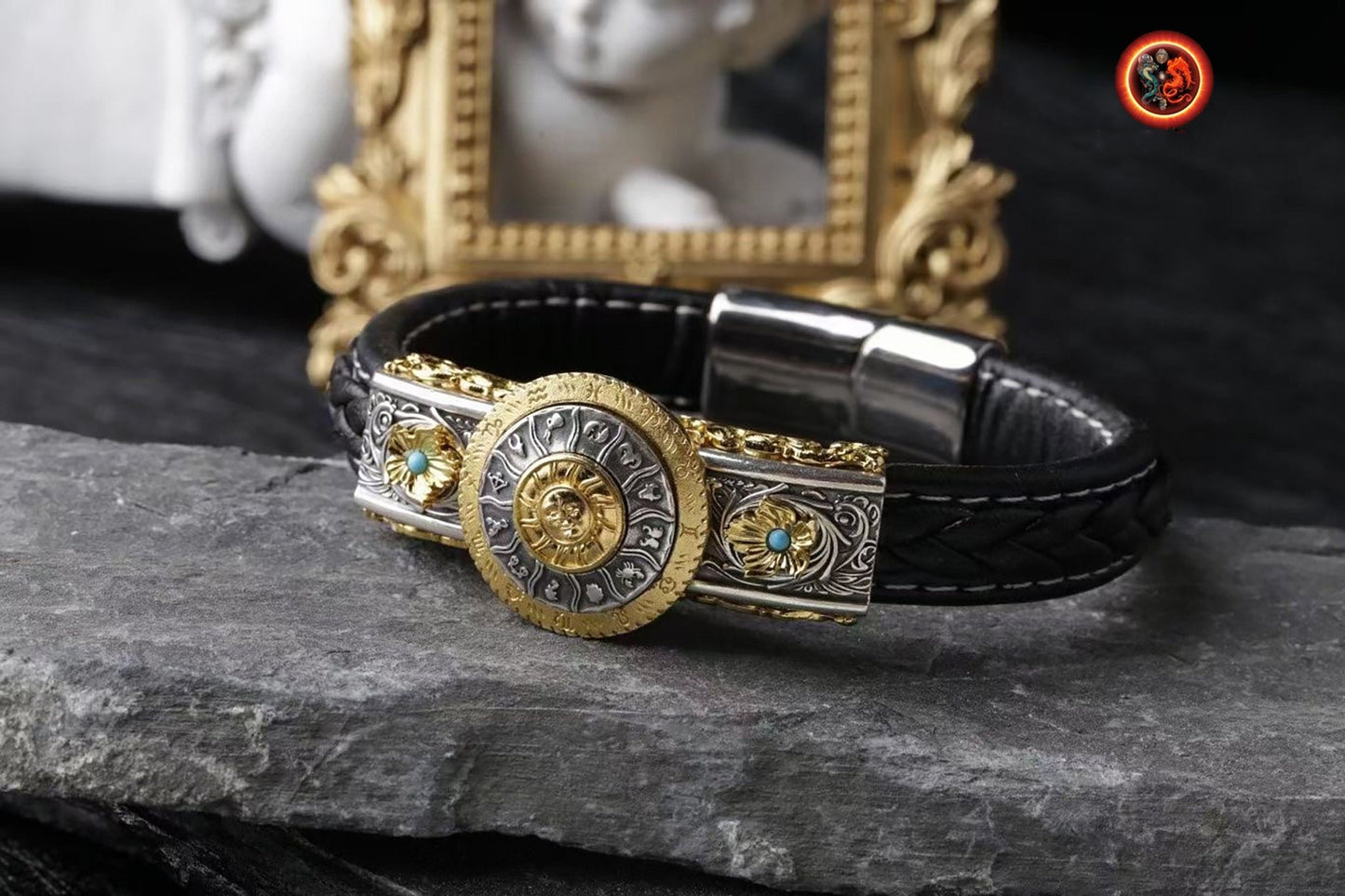 Bracelet, signe du zodiaque, astrologie. argent 925, cuivre, agate nan hong ou turquoise. Bracelet en cuir noir ou rouge. Zodiaque tournant. - obsidian dragon