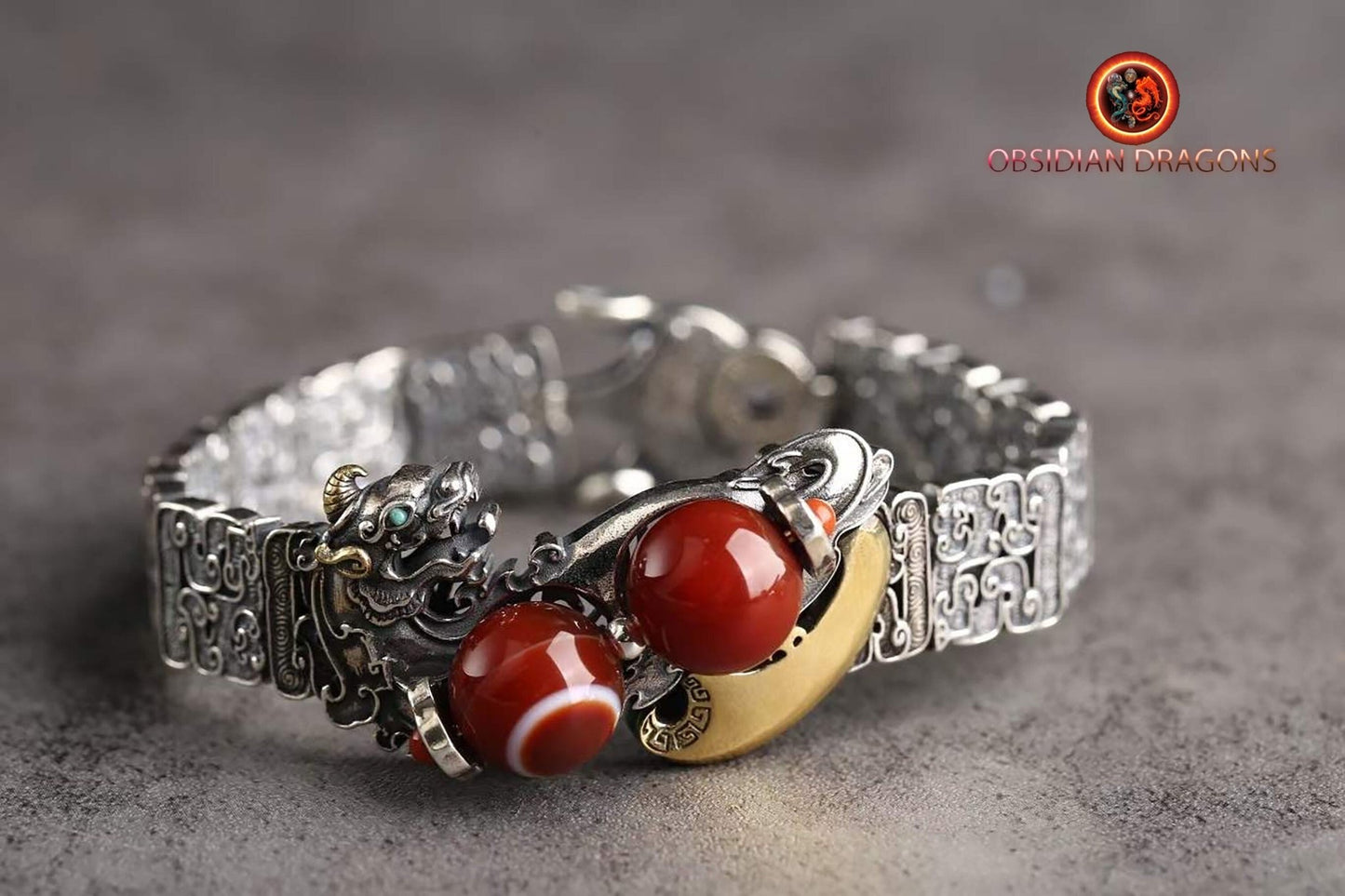 bracelet Feng Shui protection dragon Pixiu. Agate sacrée tibétaine "DZI" "lumière et espoir" à un oeil argent 925 cuivre turquoise - obsidian dragon