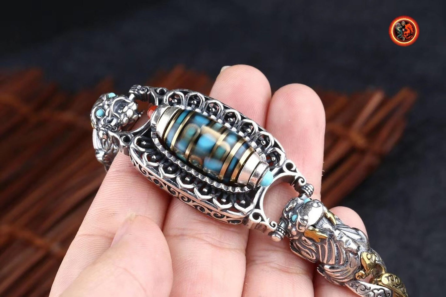 Bracelet agate sacrée tibétaine, DZI tournant, argent 925, cuivre, Dragon Pixiu turquoise d'Arizona, agate dite nan hong (rouge du sud) - obsidian dragon