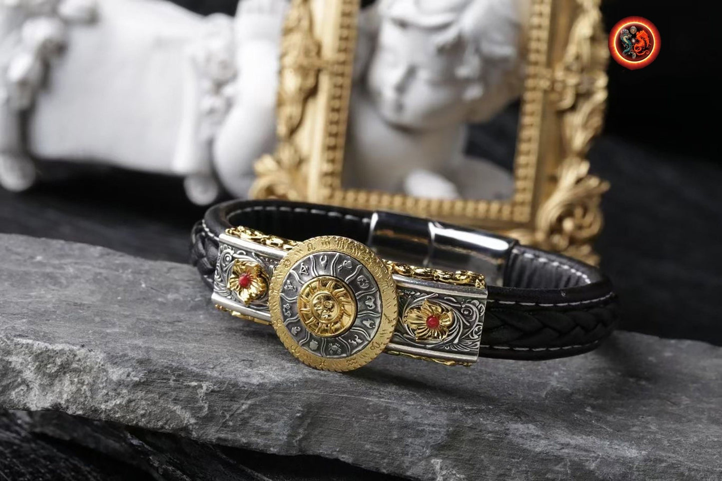 Bracelet, signe du zodiaque, astrologie. argent 925, cuivre, agate nan hong ou turquoise. Bracelet en cuir noir ou rouge. Zodiaque tournant. - obsidian dragon