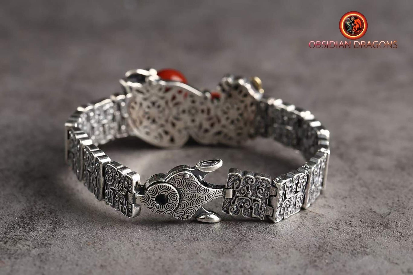 bracelet Feng Shui protection dragon Pixiu. Agate sacrée tibétaine "DZI" "lumière et espoir" à un oeil argent 925 cuivre turquoise - obsidian dragon