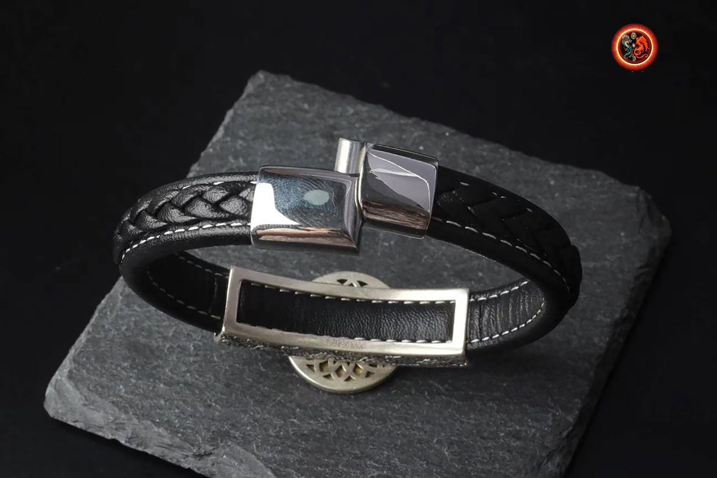 bracelet de protection bouddhiste, 8 signes auspicieux du bouddhisme. Feng shui. Argent 925,cuivre, cuir tressé, turquoise agate nan hong - obsidian dragon