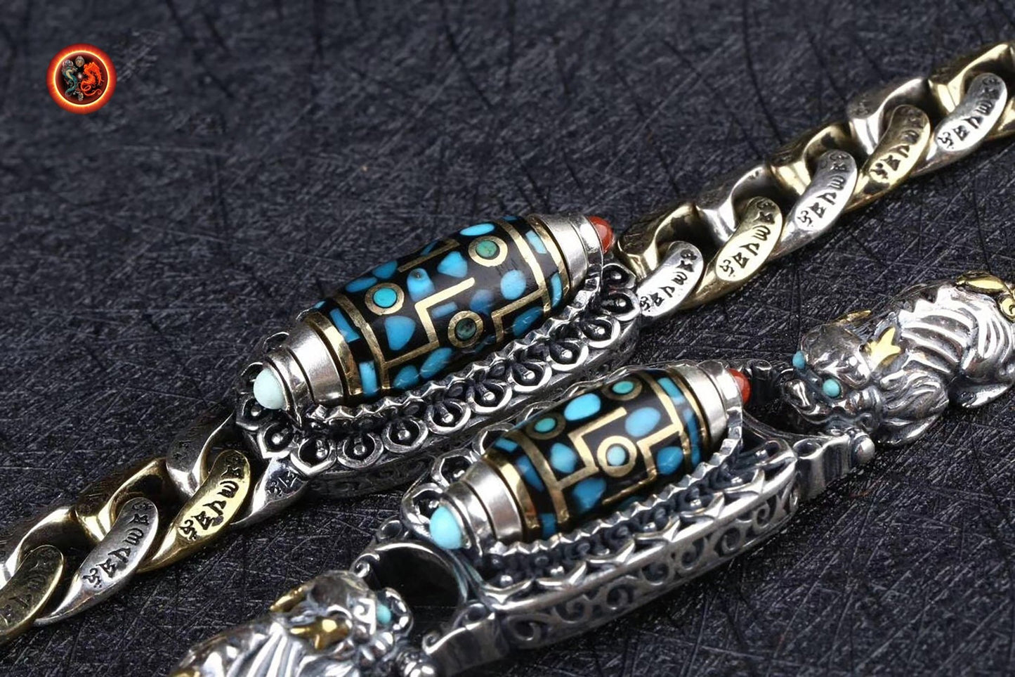 Bracelet agate sacrée tibétaine, DZI tournant, argent 925, cuivre, Dragon Pixiu turquoise d'Arizona, agate dite nan hong (rouge du sud) - obsidian dragon
