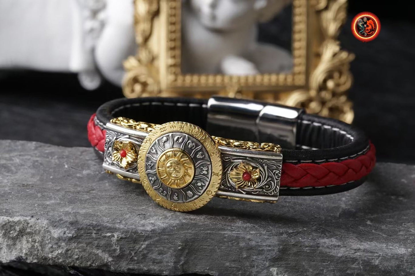 Bracelet, signe du zodiaque, astrologie. argent 925, cuivre, agate nan hong ou turquoise. Bracelet en cuir noir ou rouge. Zodiaque tournant. - obsidian dragon