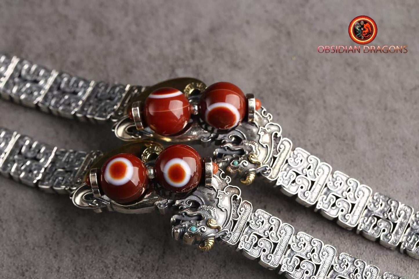 bracelet Feng Shui protection dragon Pixiu. Agate sacrée tibétaine "DZI" "lumière et espoir" à un oeil argent 925 cuivre turquoise - obsidian dragon