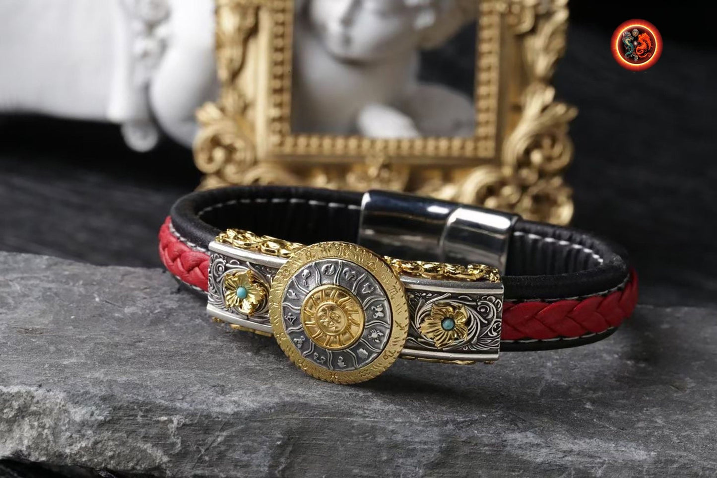 Bracelet, signe du zodiaque, astrologie. argent 925, cuivre, agate nan hong ou turquoise. Bracelet en cuir noir ou rouge. Zodiaque tournant. - obsidian dragon