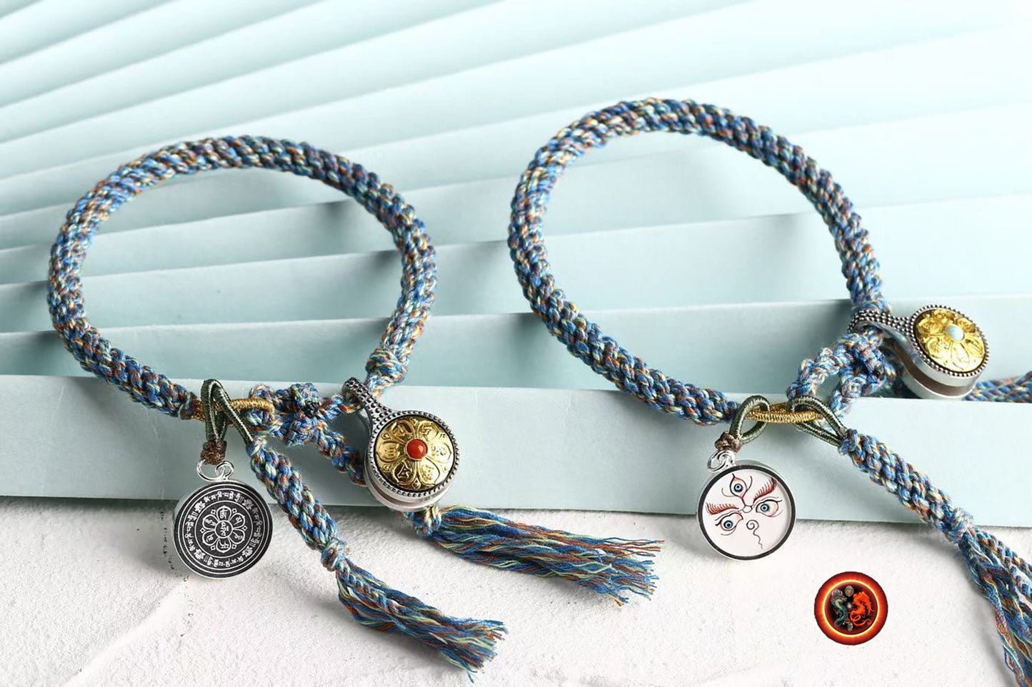 Bracelet bouddha, protection bouddhiste tibétain. Paix et bonne chance Bracelet tressé artisanalement Tangka yeux de bouddha peint épingle a mala - obsidian dragon