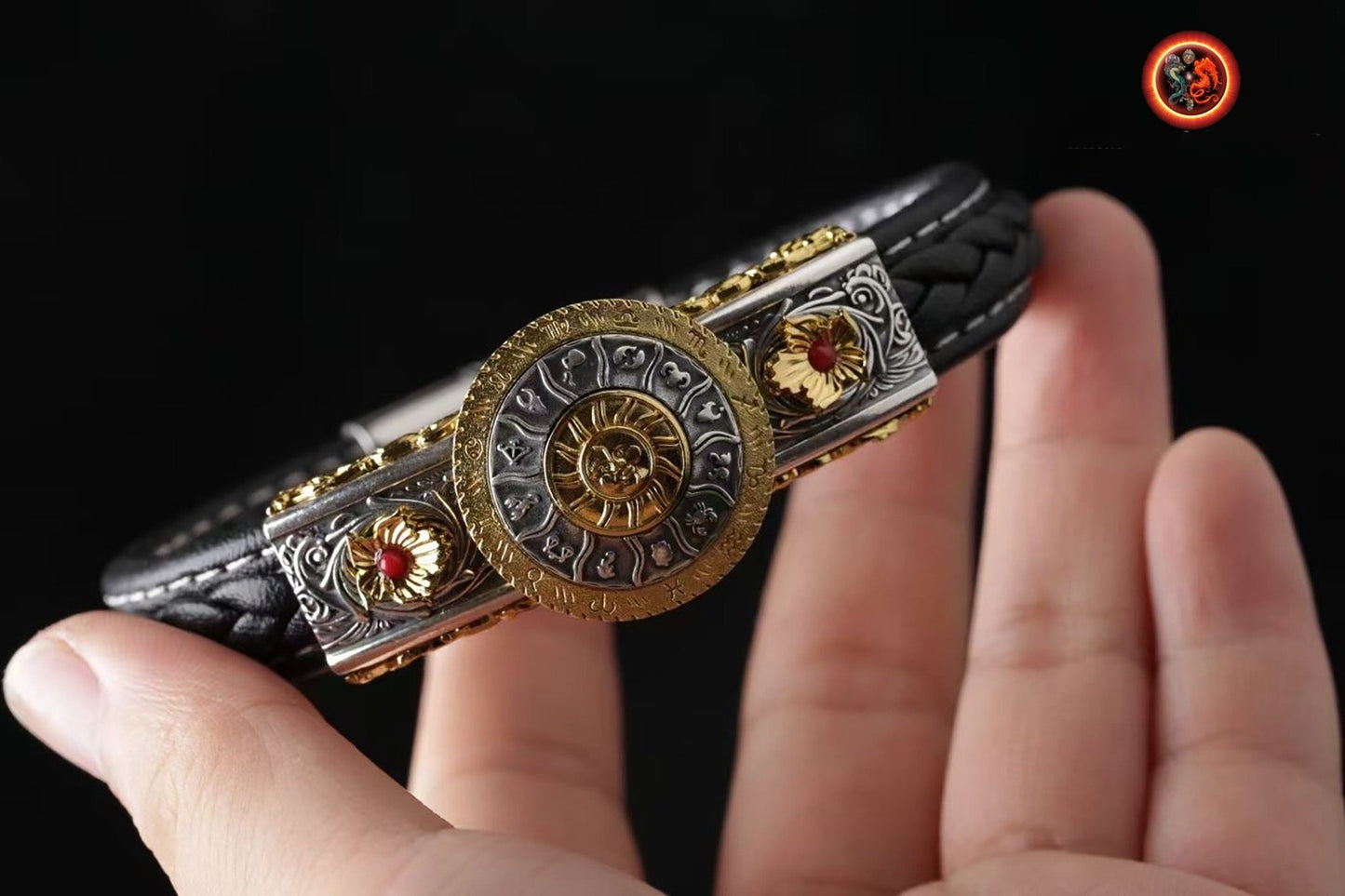 Bracelet, signe du zodiaque, astrologie. argent 925, cuivre, agate nan hong ou turquoise. Bracelet en cuir noir ou rouge. Zodiaque tournant. - obsidian dragon