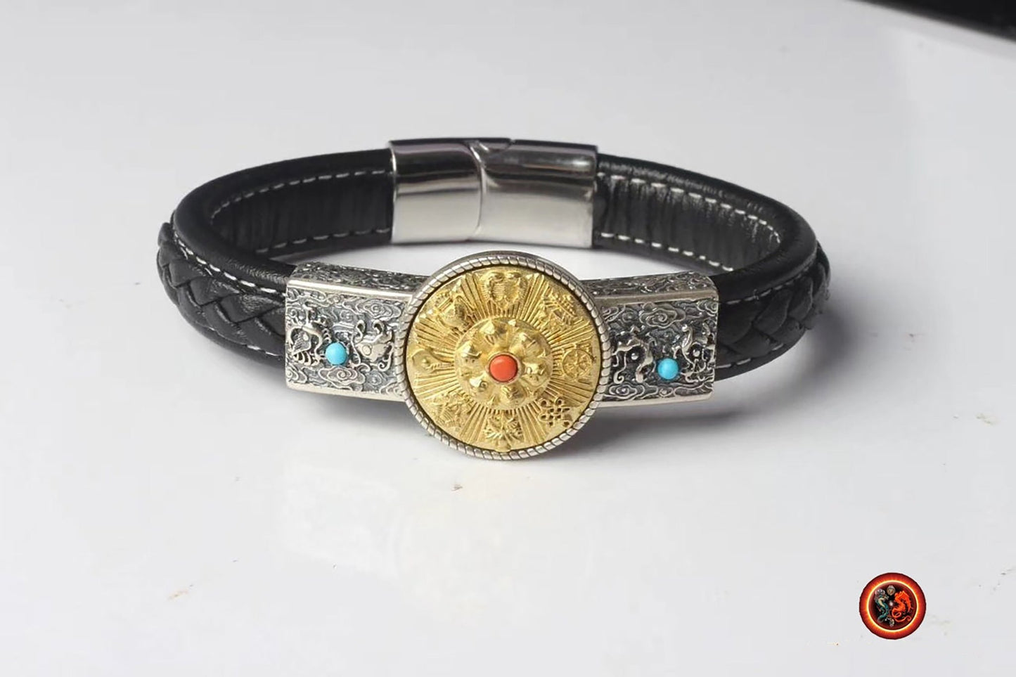 bracelet de protection bouddhiste, 8 signes auspicieux du bouddhisme. Feng shui. Argent 925,cuivre, cuir tressé, turquoise agate nan hong - obsidian dragon