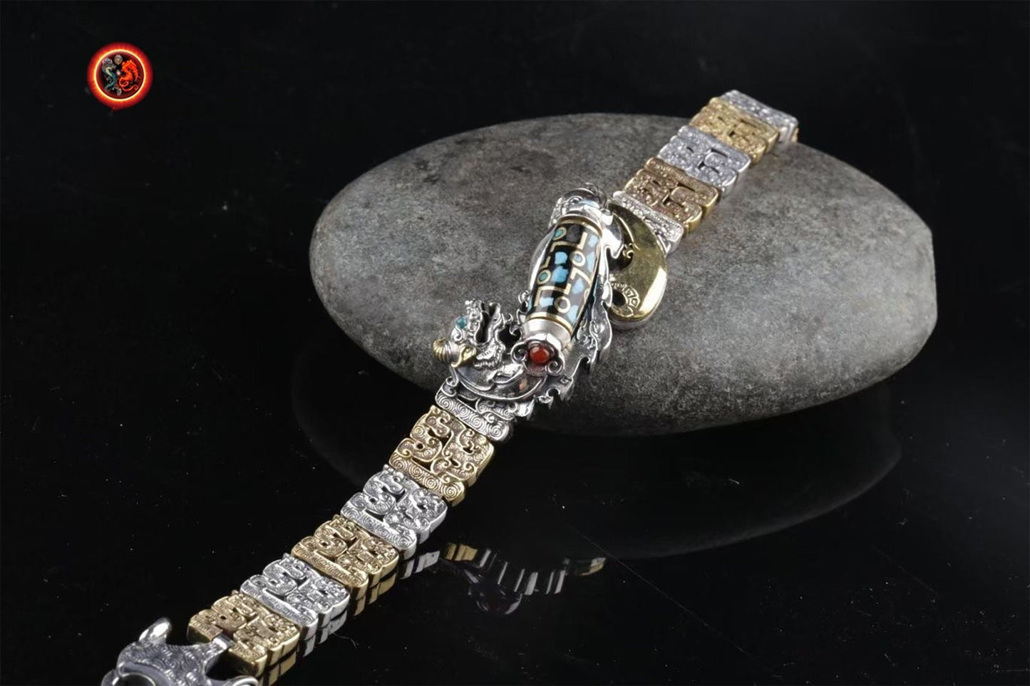 bracelet dragon, de protection Feng Shui. Pixiu agate sacrée tibétaine "DZI" argent 925 cuivre turquoise - obsidian dragon