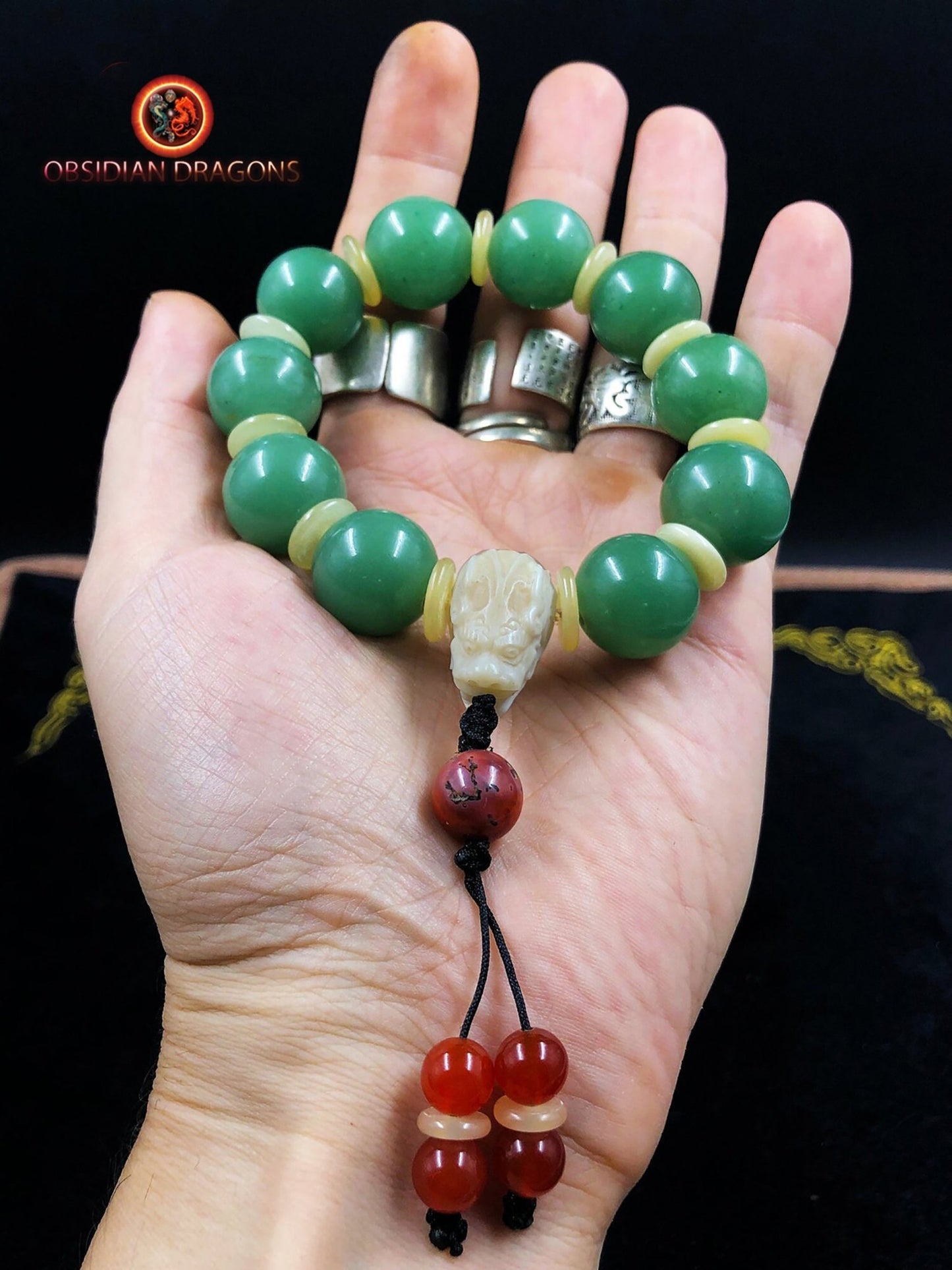 bracelet dragon, protection feng shui Aventurine, os de buffle agate, agate - obsidian dragon