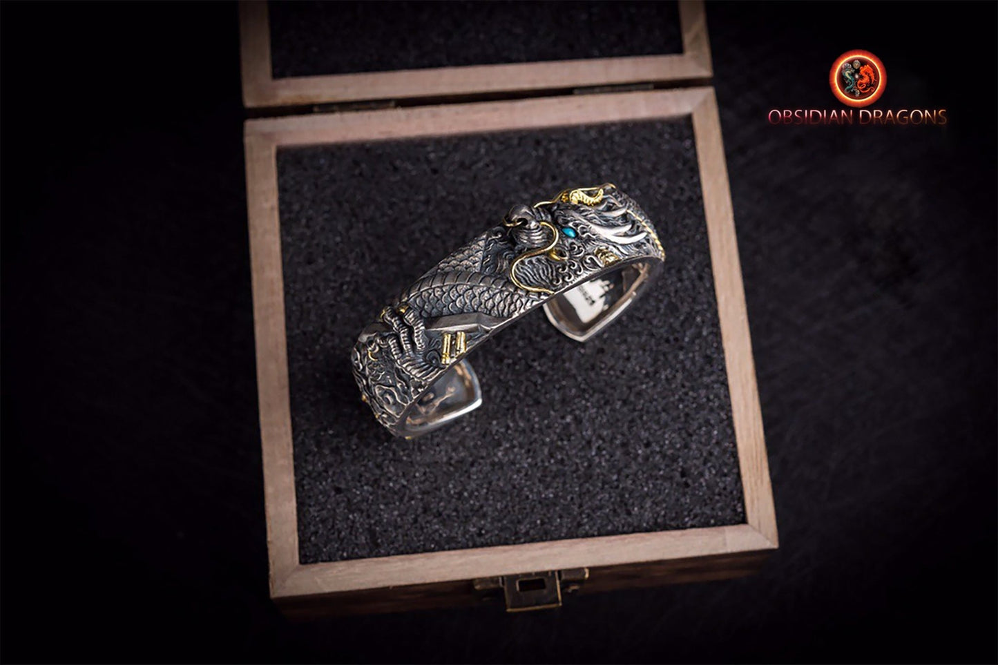 Bracelet manchette dragon. Protection Feng- Shui. Argent Massif - obsidian dragon