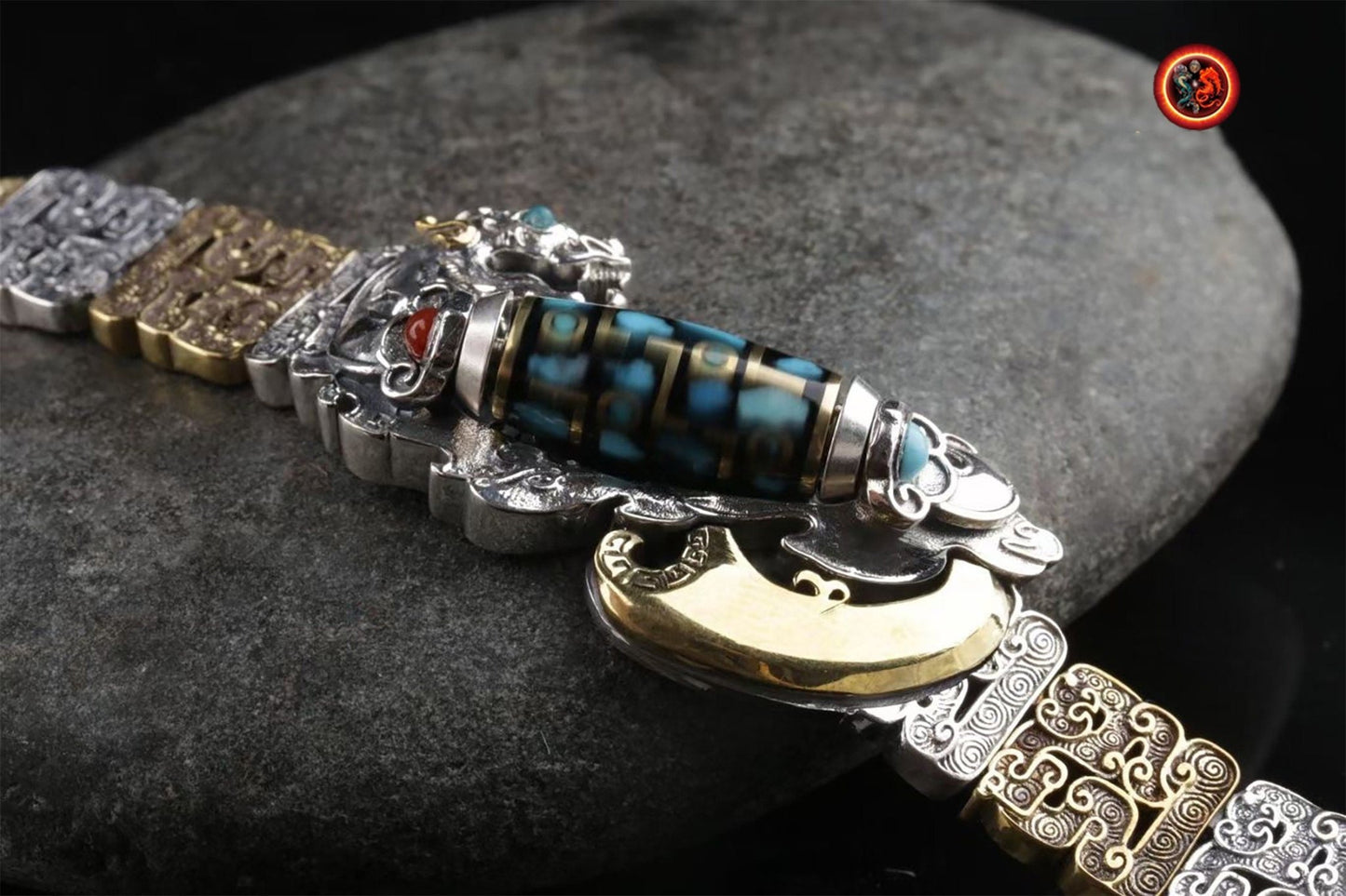 bracelet dragon, de protection Feng Shui. Pixiu agate sacrée tibétaine "DZI" argent 925 cuivre turquoise - obsidian dragon