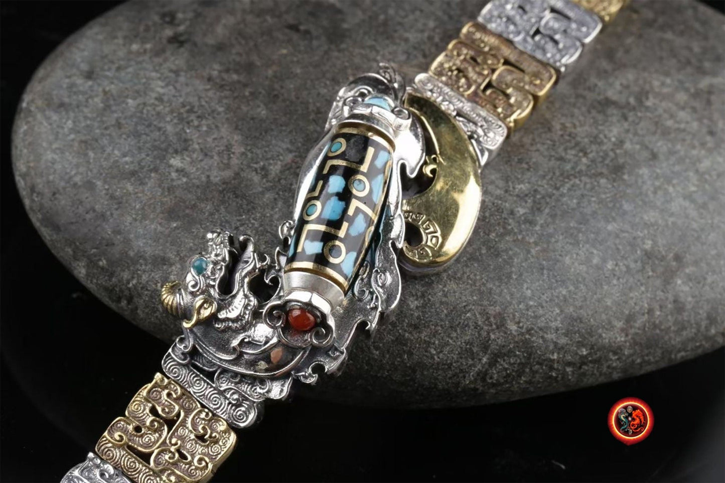 bracelet dragon, de protection Feng Shui. Pixiu agate sacrée tibétaine "DZI" argent 925 cuivre turquoise - obsidian dragon