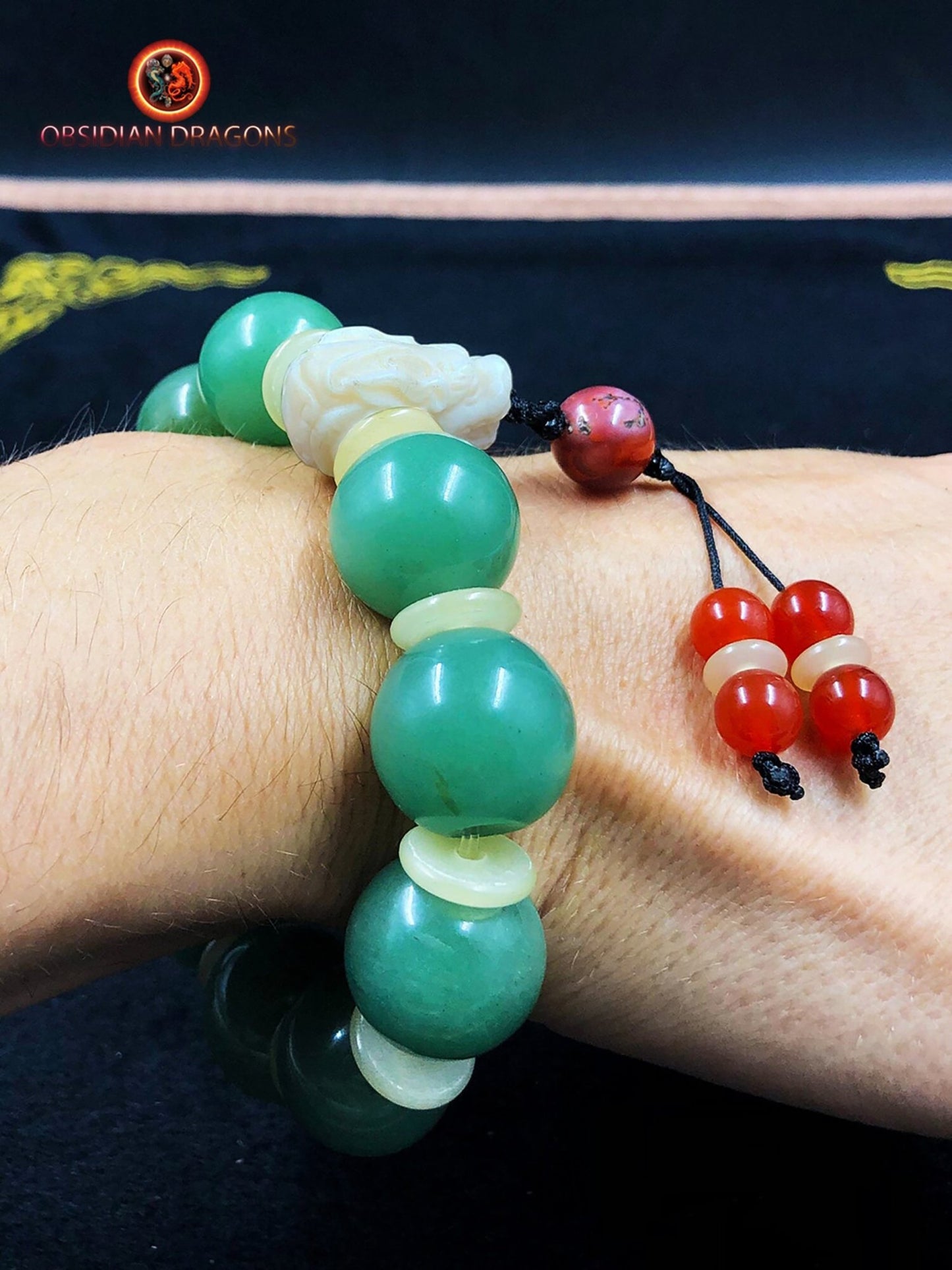 bracelet dragon, protection feng shui Aventurine, os de buffle agate, agate - obsidian dragon
