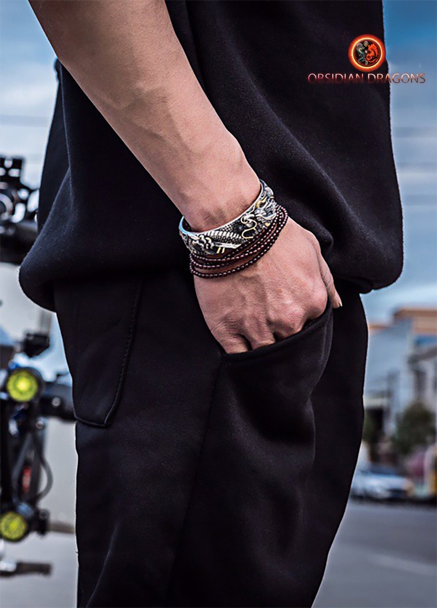 Bracelet manchette dragon. Protection Feng- Shui. Argent Massif - obsidian dragon