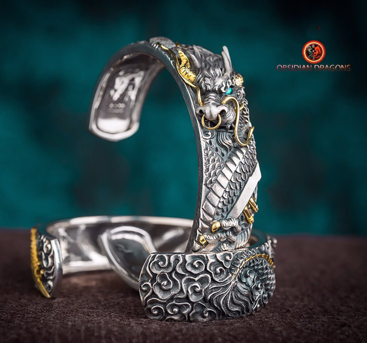 Bracelet manchette dragon. Protection Feng- Shui. Argent Massif - obsidian dragon