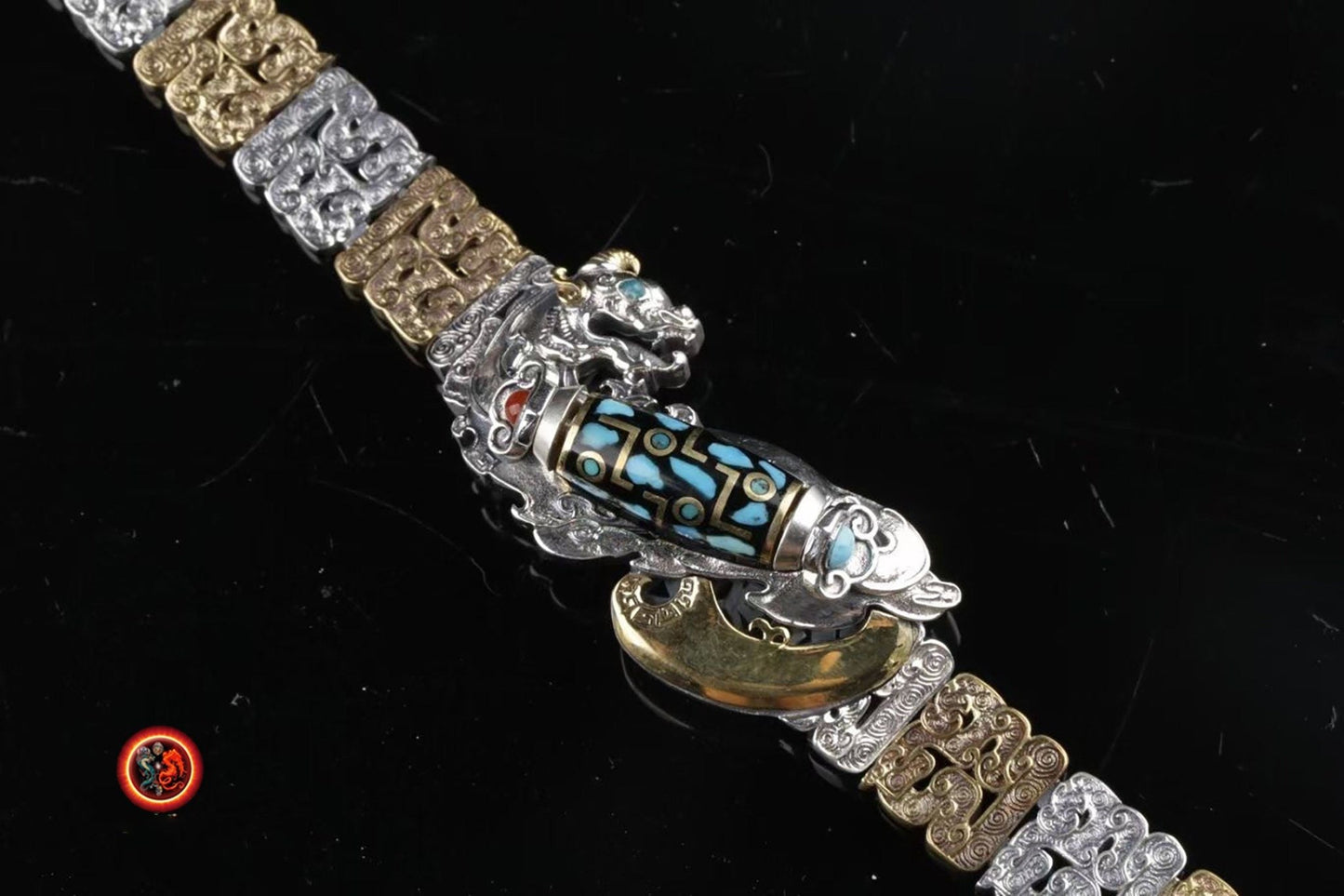 bracelet dragon, de protection Feng Shui. Pixiu agate sacrée tibétaine "DZI" argent 925 cuivre turquoise - obsidian dragon