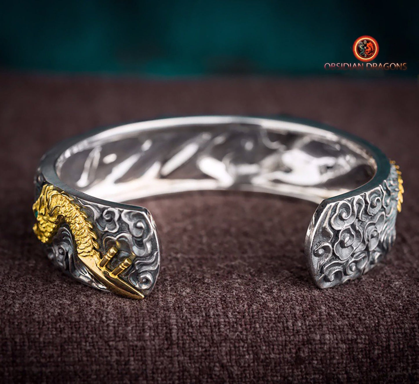 Bracelet manchette dragon. Protection Feng- Shui. Argent Massif - obsidian dragon