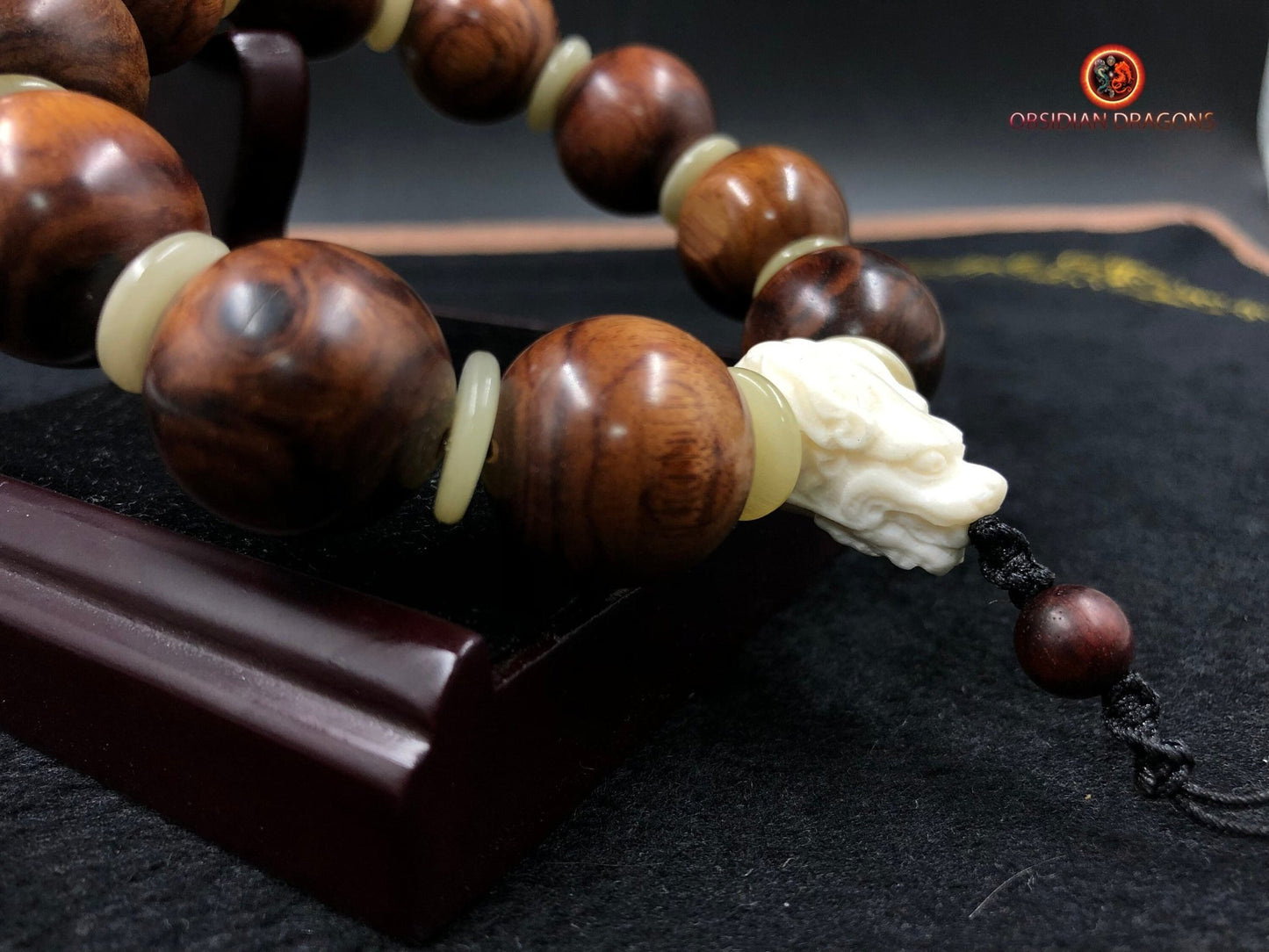 Bracelet dragon, protection feng shui. Bois de palissandre, os de buffle. - obsidian dragon