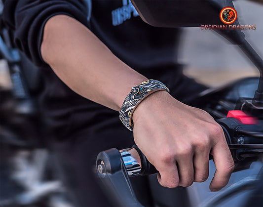 Bracelet manchette dragon. Protection Feng- Shui. Argent Massif - obsidian dragon