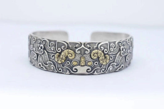 Bracelet jonc Feng Shui. Protection du dragon taotie.Argent 925, cuivre. - obsidian dragon