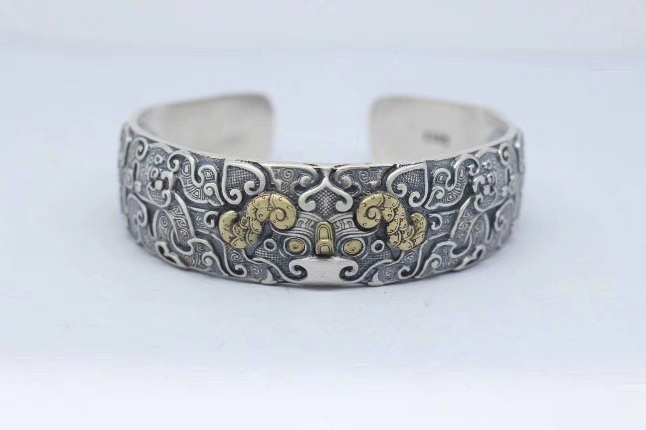 Bracelet jonc Feng Shui. Protection du dragon taotie.Argent 925, cuivre. - obsidian dragon