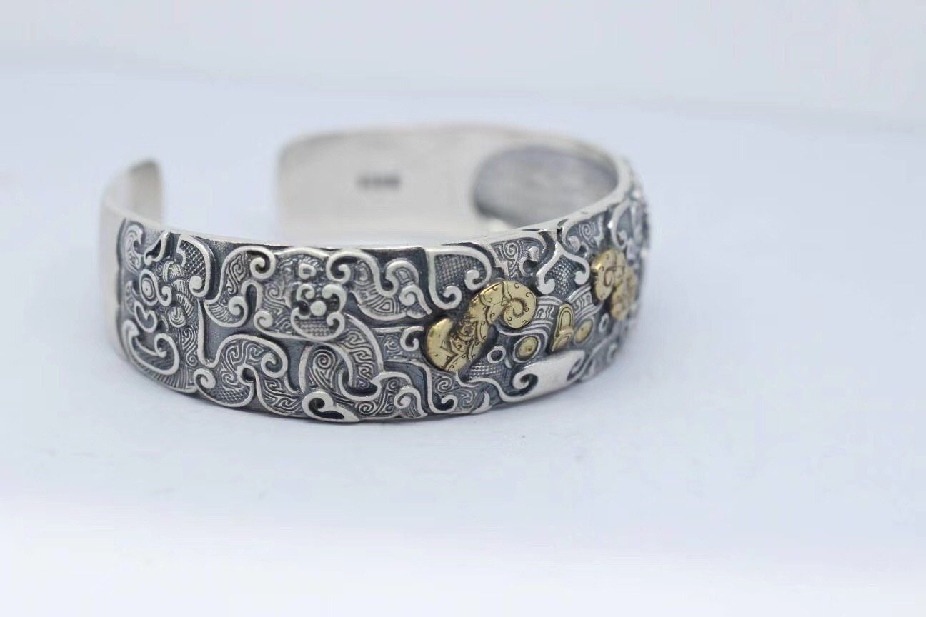 Bracelet jonc Feng Shui. Protection du dragon taotie.Argent 925, cuivre. - obsidian dragon